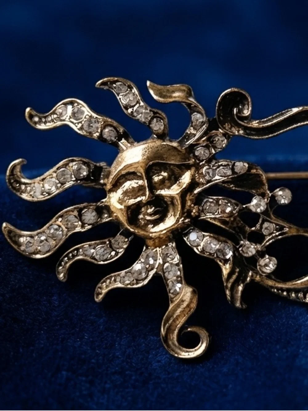 Vintage Sun and Moon Crystal Pin Brooch - Gold Tone